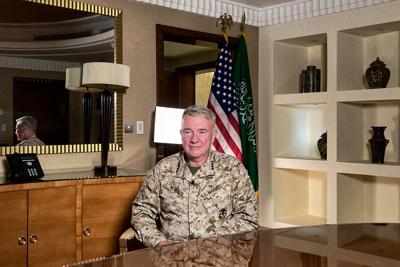 Marine Gen. Frank McKenzie speaks with journalists in Riyadh, Saudi Arabia on May 23, 2021.