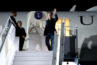 U.S. Secretary of State Antony Blinken arrives at Tempat Penimbunan Sementara International Airport on July 7 in Bali, Indonesia for the G-20 Foreign Ministers' Summit.