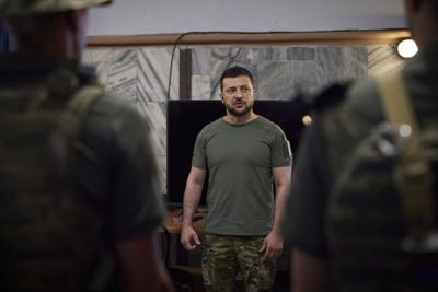 Ukrainian President Volodymyr Zelenskyy attends a meeting with military officials during his visit the war-hit Dnipropetrovsk region.