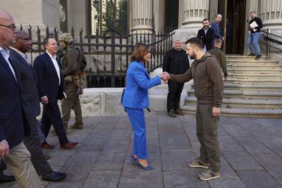 Ukrainian President Volodymyr Zelenskyy and Speaker of the House Nancy Pelosi shake hands during their meeting in Kyiv, Ukraine on April 30, 2022.