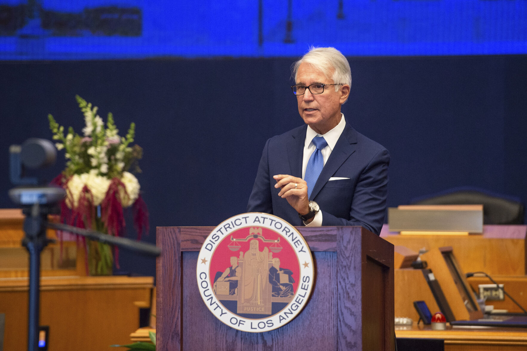 Los Angeles County District Attorney George Gascón speaks after he was sworn in a virtual ceremony in downtown Los Angeles.
