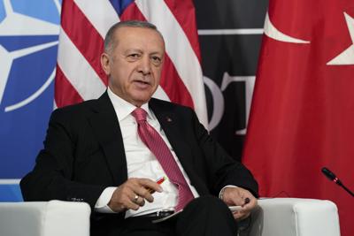 President Recep Tayyip Erdogan of Turkey speaks during his meeting with President Joe Biden during the NATO summit in Madrid on June 29, 2022.