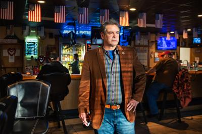 Terry Noble, a local lawyer and Democratic operative, at a bar in DuBois, Pa., on Feb. 1, 2022. | Photos by Scott Goldsmith for POLITICO