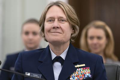 Coast Guard Adm. Linda Fagan is introduced during her nomination hearing to be commandant of the Coast Guard, Thursday, April 28, 2022, before the Senate Commerce, Science and Transportation Committee.