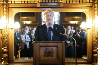 Prime Minister Boris Johnson speaks at a reception of Falklands veterans in London on June 7, 2022.