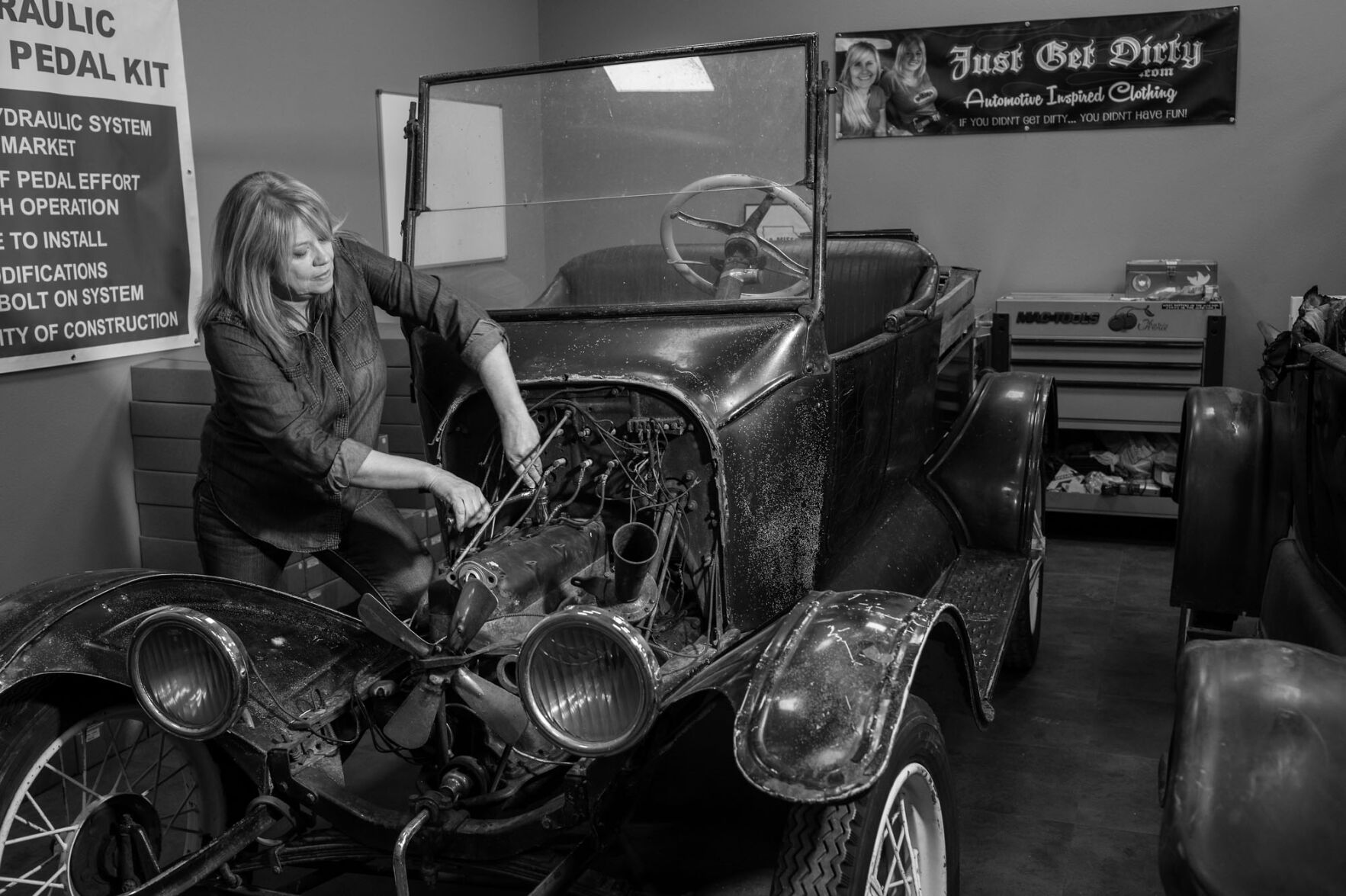 Rep. Cherielynn Westrich works on her 1923 Ford Model T Roadster Pickup at her shop in Ottumwa, Iowa. Westrich, a Republican, is the Iowa House Representative for District 81. | Photos by Danny Wilcox Frazier for Politico Magazine
