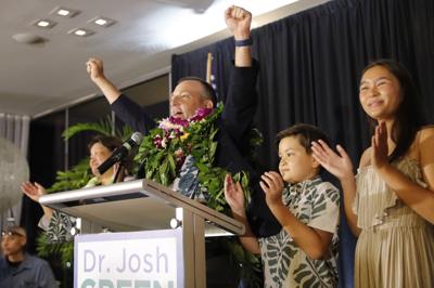 Hawaii Lt. Gov. Josh Green celebrates his win in the Democratic primary for governor on Saturday, Aug. 13, 2022, in Honolulu.