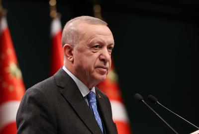 President of Turkey Recep Tayyip Erdogan speaks.
