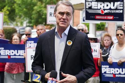 Republican candidate for Georgia governor and former Sen. David Perdue speaks on May 3, 2022, in Rutledge, Ga.