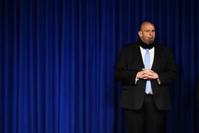 Pennsylvania Lt. Gov. John Fetterman speaks during a news conference at the Pennsylvania Capitol in Harrisburg, Pa., on April 4.