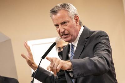 Bill de Blasio speaks during a news conference, Sept. 27, 2021, in New York.