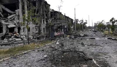 Damaged residential buildings are seen in Lysychansk, Ukraine, on July 3, 2022.