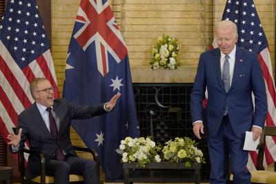 President Joe Biden  jokes with Australian Prime Minister Anthony Albanese on May 24, 2022, in Tokyo.