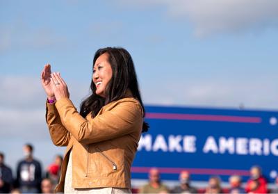 Jennifer Carnahan looks on during the national anthem during a rally for President Donald Trump at the Bemidji Regional Airport on September 18, 2020 in Bemidji, Minnesota.
