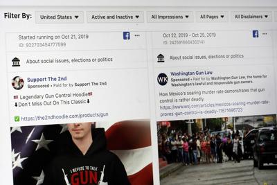 This photo shows a search for political ads that were on Facebook displayed on a computer screen Thursday, Oct. 31, 2019, in New York.