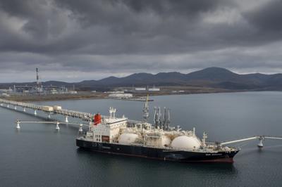 A tanker loads its cargo of liquefied natural gas from the Sakhalin-2 project in the port of Prigorodnoye, Russia, on Oct. 29, 2021.