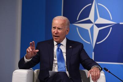 President Joe Biden speaks to members of the press at the NATO Summit on June 29, 2022 in Madrid, Spain.