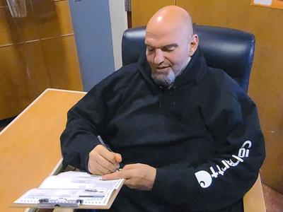 Senate candidate Lt. Gov. John Fetterman fills out his emergency absentee ballot for the Pennsylvania primary election in Penn Medicine Lancaster General Hospital in Lancaster, Pa., on Election Day, Tuesday, May, 17, 2022.