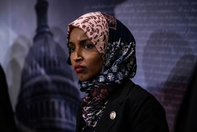 Rep. Ilhan Omar (D-Minn.) listens during a news conference on Jan. 10, 2019 at the Capitol in Washington, D.C. She would falsely denounce the National Assembly’s struggle against Maduro as “a U.S.-backed coup” in a tweet two weeks later.
