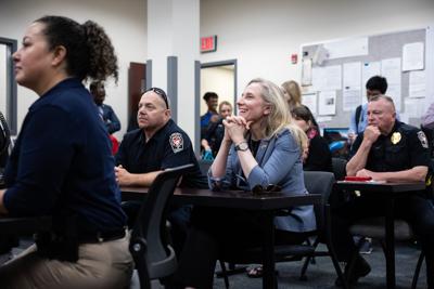 Rep. Abigail Spanberger attends the morning roll call at the Culpeper Police Dept.