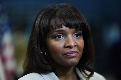 Kathy Barnette, a Republican candidate for U.S. Senate in Pennsylvania, speaks with members of the media during a forum in Newtown, Pa., on May 11, 2022.