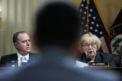 Rep. Zoe Lofgren (D-Calif.), right, speaks alongside Rep. Adam Schiff (D-Calif.) during a meeting of the Jan. 6 select committee.