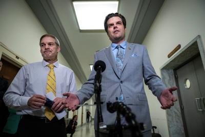 Rep. Jim Jordan (R-Ohio) and Rep. Matt Gaetz (R-Fla.) speak to reporters on Capitol Hill in Washington, D.C. in 2021.