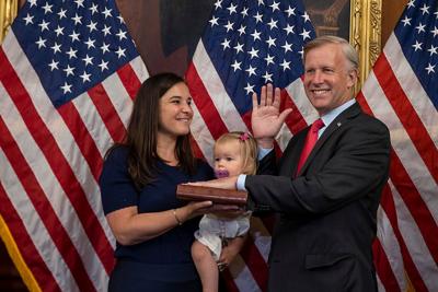 Rep. Chris Jacobs (R-NY) participates in a ceremonial swearing-in ceremony joined by wife Martina Jacobs and Anna Jacobs at the U.S. Capitol on July 21, 2020 in Washington, DC.