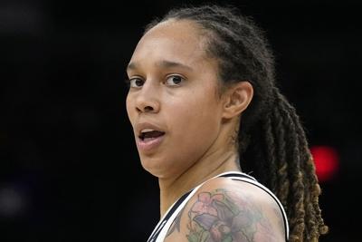 Phoenix Mercury center Brittney Griner is shown during the first half of Game 2 of basketball's WNBA Finals against the Chicago Sky, Oct. 13, 2021, in Phoenix.