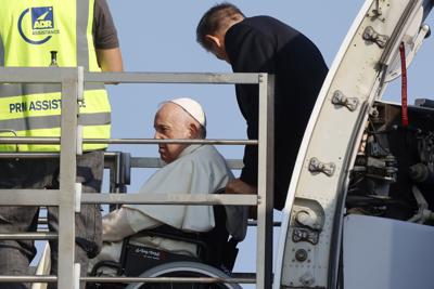 Pope Francis arrives at Rome's Leonardo da Vinci International airport Sunday, July 24, 2022, to board his flight to Edmonton, Canada, where he will start a six-day pastoral visit to the country.