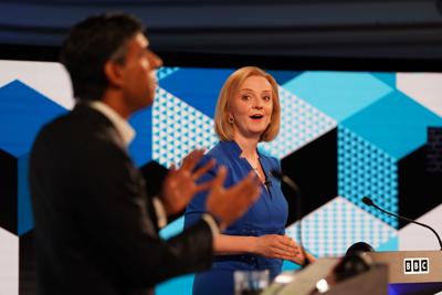 Liz Truss and Rishi Sunak take part in the BBC Conservative Party leadership debate in Stoke-on-Trent, England, on July 25, 2022.