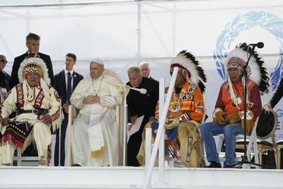 Pope Francis meets indigenous communities at Our Lady of Seven Sorrows Catholic Church in Maskwacis, near Edmonton, Canada, on July 25, 2022.