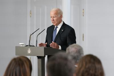 President Joe Biden speaks at the Palace of Moncloa in Madrid, Tuesday, June 28, 2022. (AP Photo/Susan Walsh)