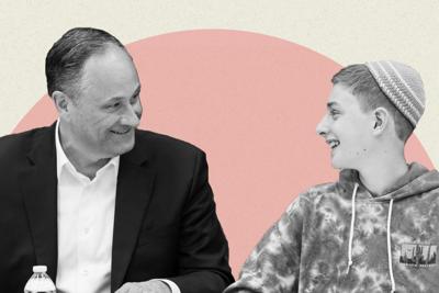 Photo illustration of Doug Emhoff speaking with a student at Milton Gottesman Jewish Day School.