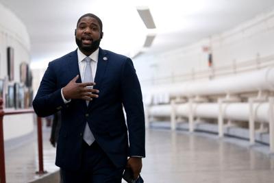 Rep. Byron Donalds speaks while walking through the Canon Tunnel to the U.S. Capitol.