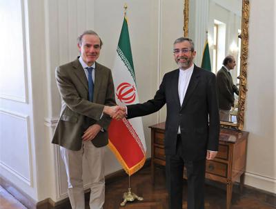 FILE - In this photo released by the Iranian Foreign Ministry, Enrique Mora, a leading European Union diplomat, left, shakes hands with Iran's top nuclear negotiator Ali Bagheri Kani in Tehran, Iran, March 27, 2022. Iran and the European Union said Wedn...