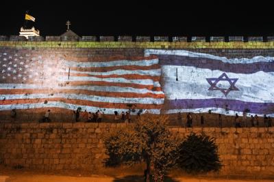 Israeli authorities project an image of the Israeli and U.S. flags on the walls of Jerusalem's Old City in honor of July Fourth, on July 4, 2022.