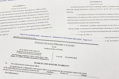 The FBI's unsealed search warrant for former President Donald Trump's Mar-a-Lago estate in Palm Beach, Fla., is photographed, Aug. 12, 2022.
