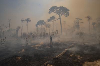 Fire consumes land recently deforested by cattle farmers near Novo Progresso, Para state, Brazil on Aug. 23, 2020.