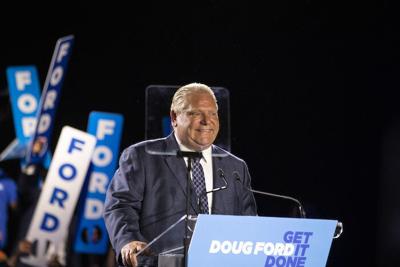 Doug Ford, Leader of the Ontario PC Party, speaks during a rally at the the Toronto Congress Centre in Etobicoke, Ont. on Wednesday June 1, 2022.