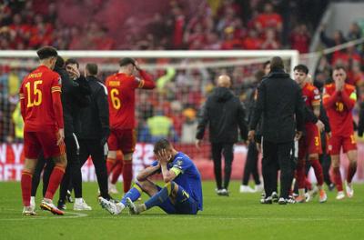 Ukraine's Andriy Yarmolenko reacts after the World Cup 2022 playoff final soccer match at Cardiff City Stadium in Wales  June 5, 2022.