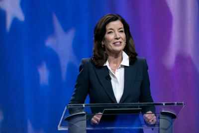 New York Gov. Kathy Hochul speaks as she faces off with New York Public Advocate Jumaane Williams and Rep. Tom Suozzi (D-N.Y.) during a New York governor primary debate at the studios of WNBC4-TV, Thursday, June, 16, 2022, in New York.