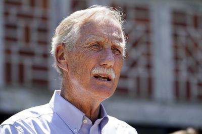 In this June 18, 2021, file photo, U.S. Sen. Angus King, I-Maine, speaks at Acadia National Park in Winter Harbor, Maine. King said Monday, Aug. 30, 2021, he’s feeling better after a COVID-19 scare, and he said he’s convinced the vaccine saved his life....