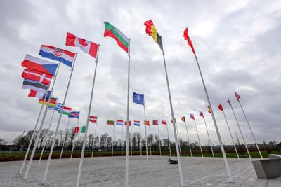 Flags of NATO member countries outside the organization's HQ in Brussels.