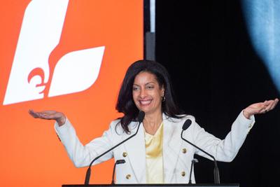 Quebec Liberal Party Leader Dominique Anglade speaks at their general council meeting in Montreal.