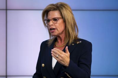 Trump’s endorsed U.S. Senate candidate, Leora Levy, speaks during a debate July 26, 2022, in New Haven, Conn. Levy beat the state party’s endorsed candidate, former state House Minority Leader Themis Klarides.