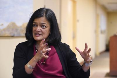 Rep. Pramila Jayapal (D-Wash.) speaks during an interview Friday, Nov. 12, 2021, in Seattle.