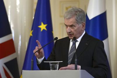 Finland’s President Sauli Niinistö speaks press conference at the Presidential Palace in Helsinki, Finland, on May 11.