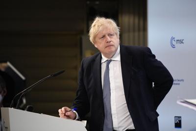 Prime Minister Boris Johnson of Britain speaks during the Munich Security Conference in Germany on Feb. 19, 2022.