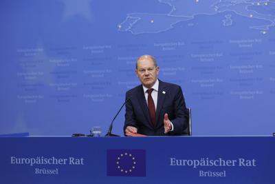 German Chancellor Olaf Scholz speaks  at the Europa building in Brussels on May 31, 2022.
